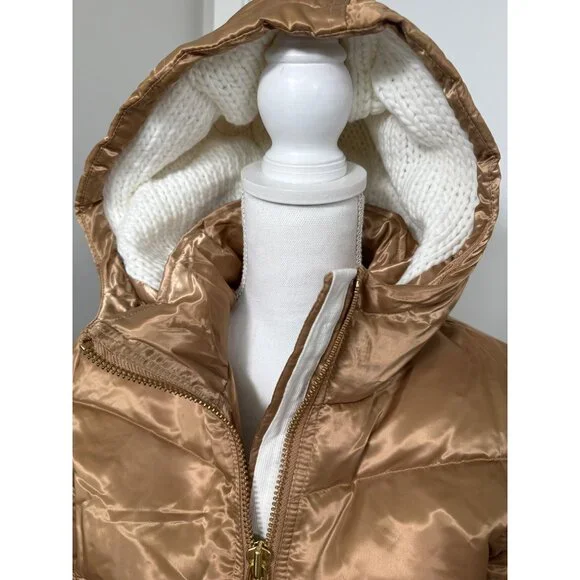 Quilted Gold Puff Jacket W/Hood Womens L True Religion Down & Feather Fill - Picture 12 of 16